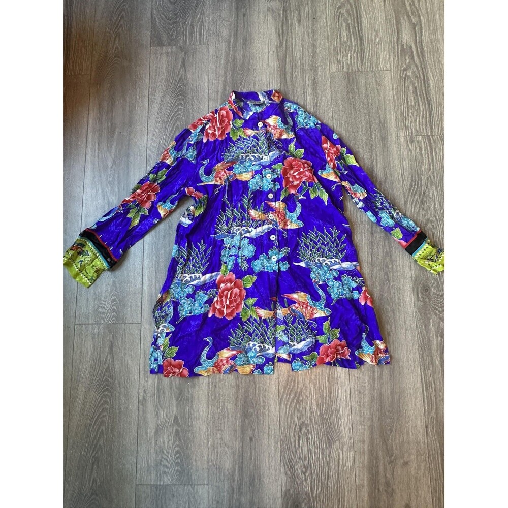 Chicos Design Shirt Womens P Blue Silk Floral Crane Print Button Up Long Sleeve